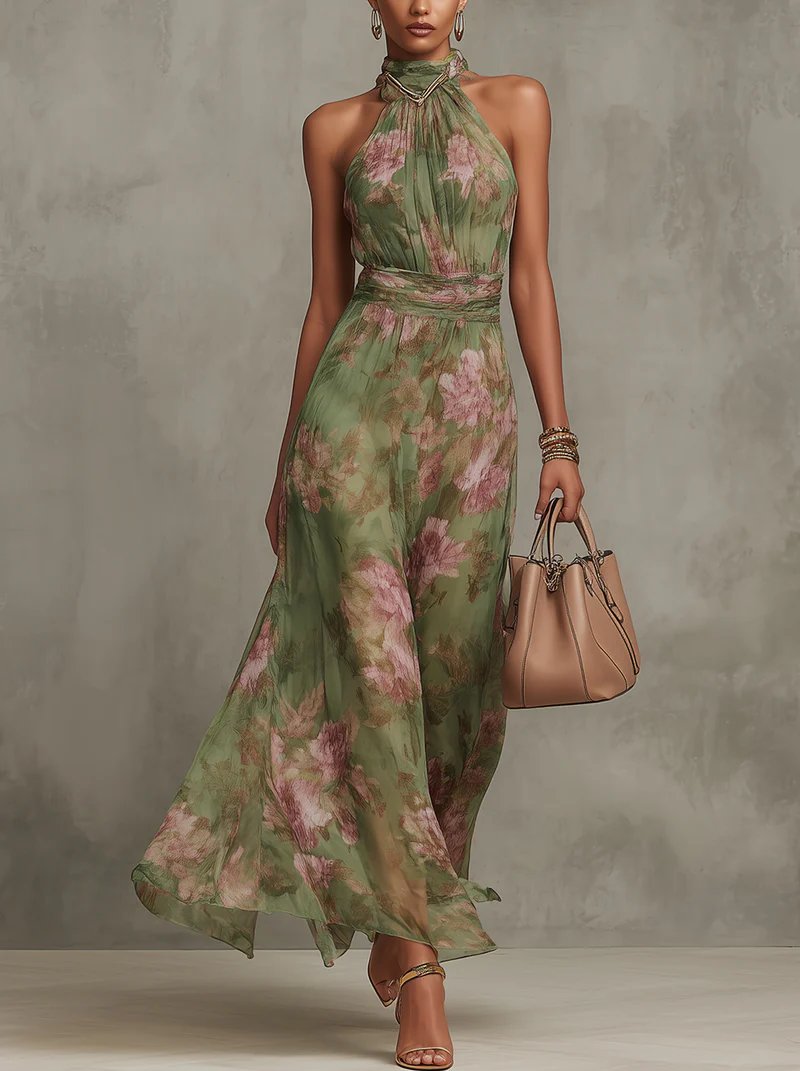 Dames Halter Maxi Jurk met Bloemenprint - Green