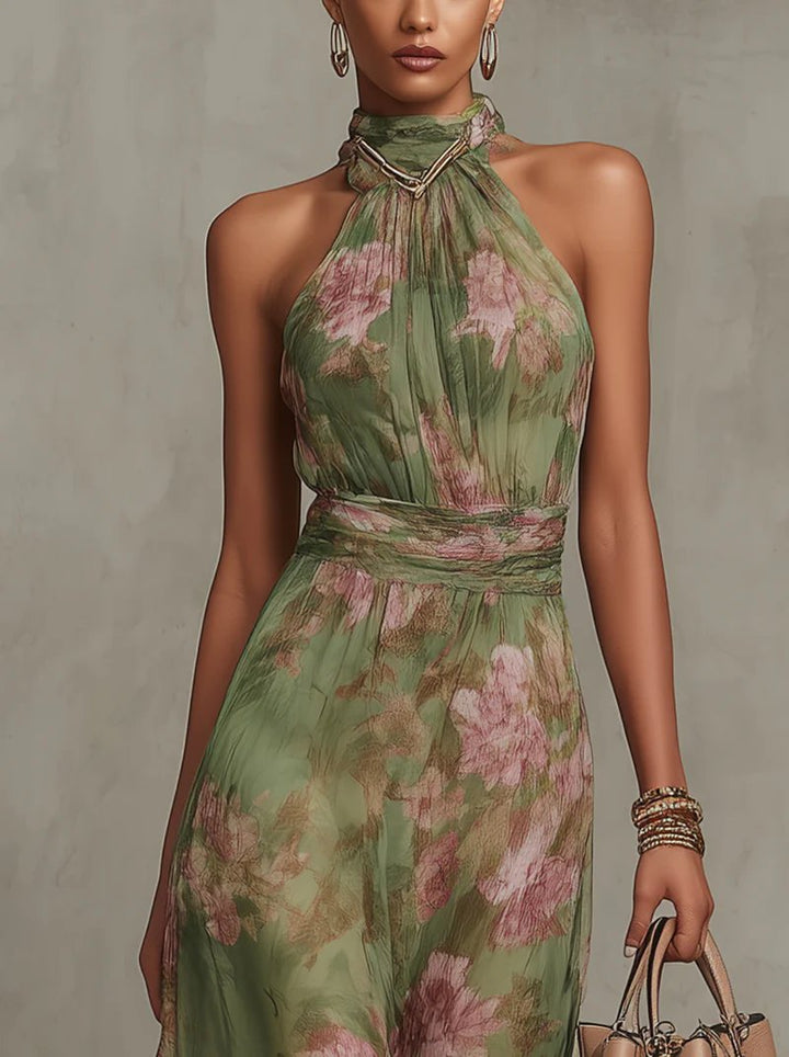 Dames Halter Maxi Jurk met Bloemenprint