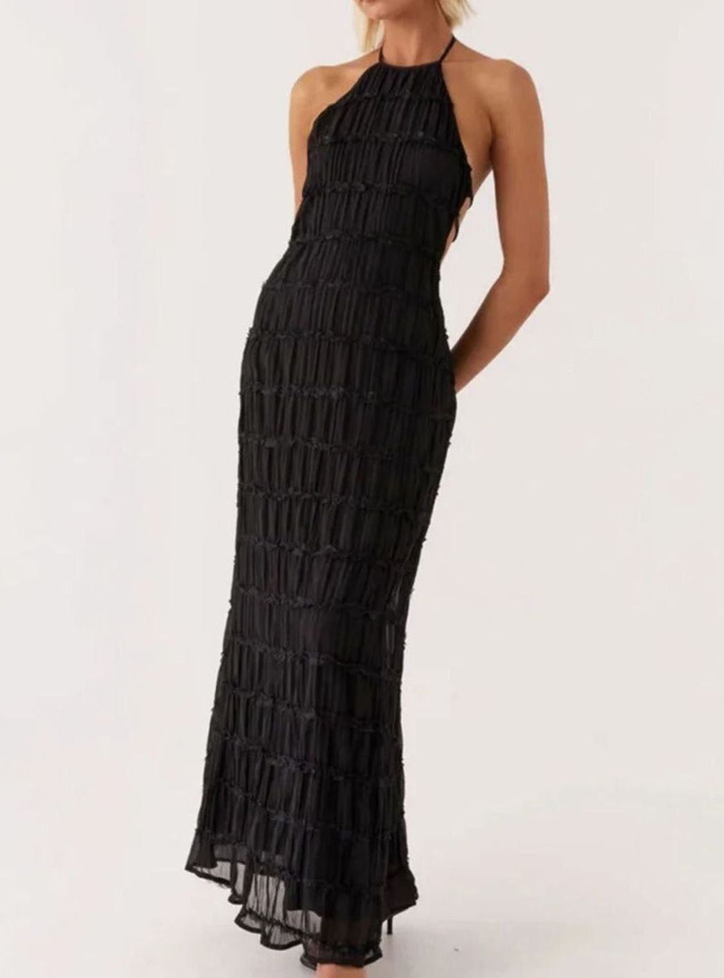 Dames Halter Maxi Jurk Open Rug Gelaagde Chiffon Lange Jurk - Zwart
