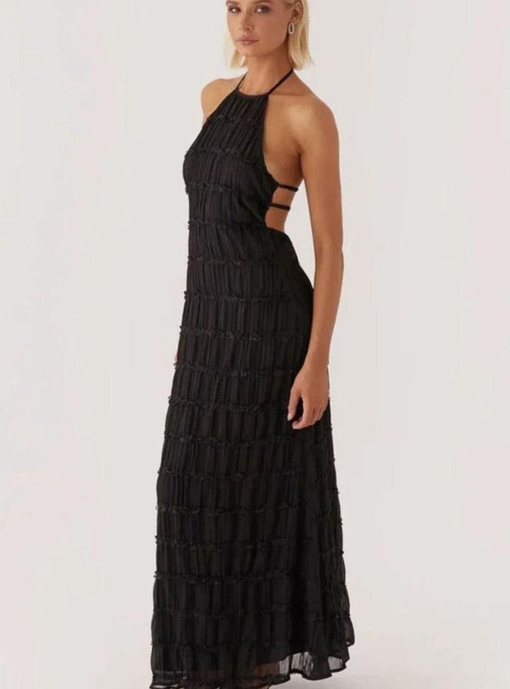 Dames Halter Maxi Jurk Open Rug Gelaagde Chiffon Lange Jurk
