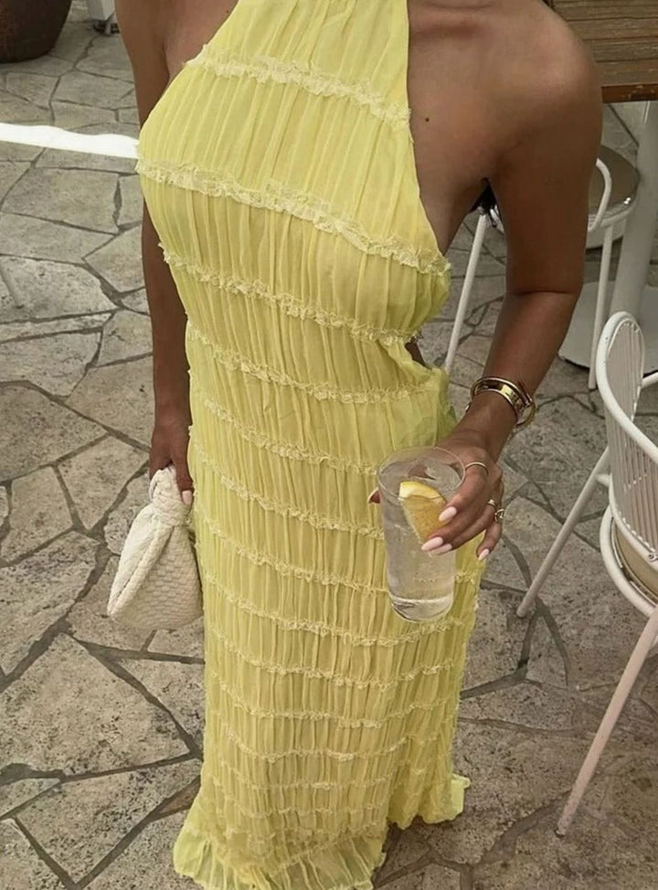 Dames Halter Maxi Jurk Open Rug Gelaagde Chiffon Lange Jurk - Geel