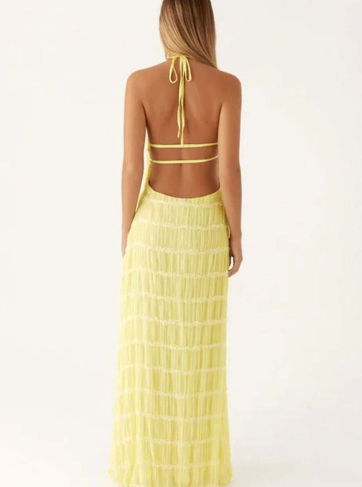 Dames Halter Maxi Jurk Open Rug Gelaagde Chiffon Lange Jurk