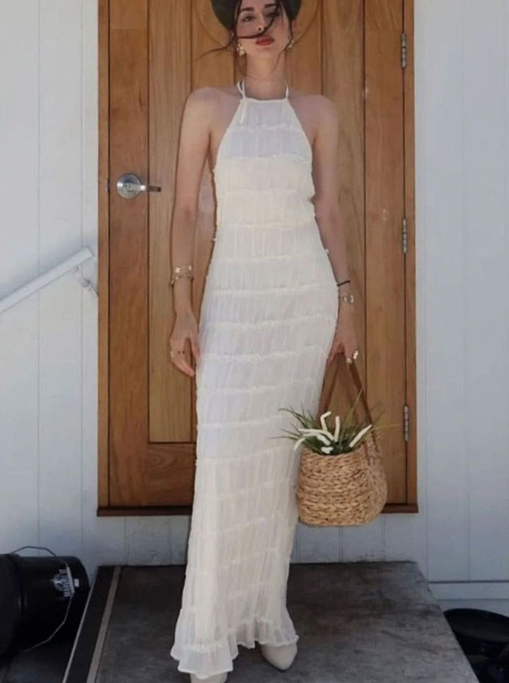 Dames Halter Maxi Jurk Open Rug Gelaagde Chiffon Lange Jurk