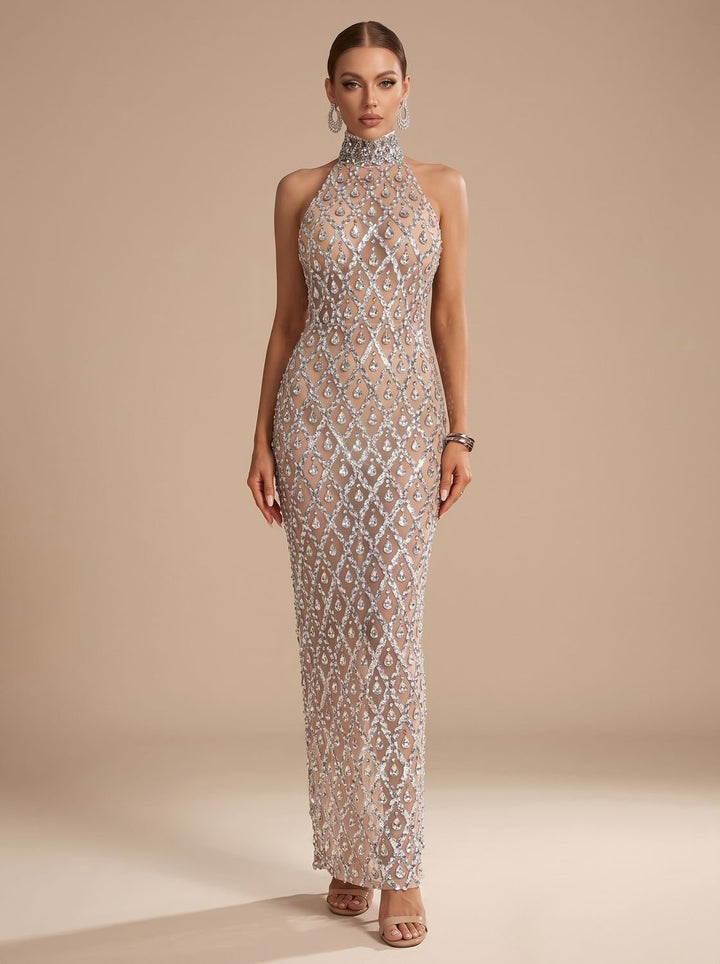 Dames Halter Pailletten Maxi Feestjurk Kerst Oud-en-Nieuw