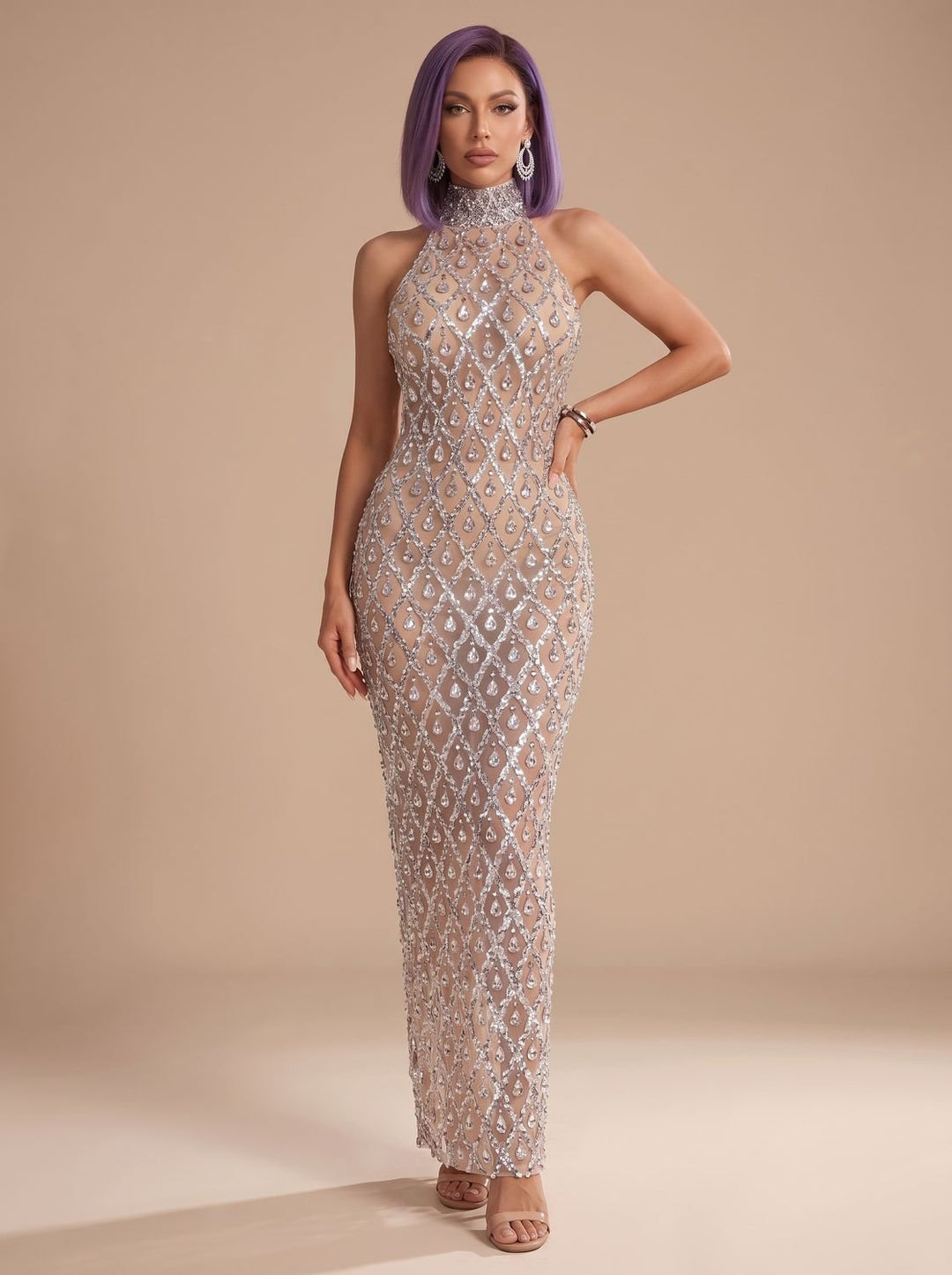 Dames Halter Pailletten Maxi Feestjurk Kerst Oud-en-Nieuw