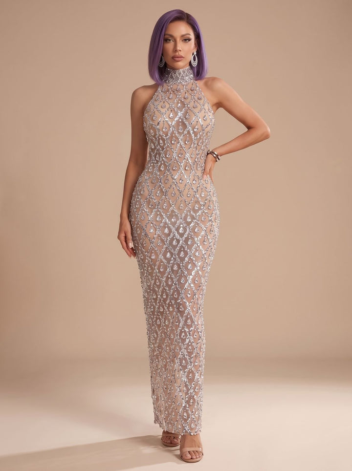 Dames Halter Pailletten Maxi Feestjurk Kerst Oud-en-Nieuw