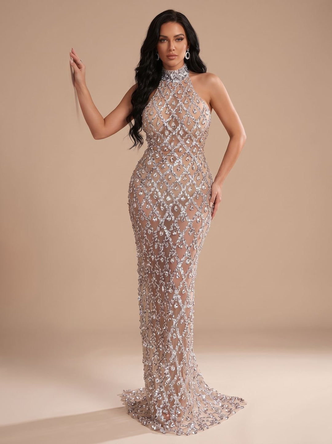 Dames Halter Pailletten Maxi Feestjurk Kerst Oud-en-Nieuw