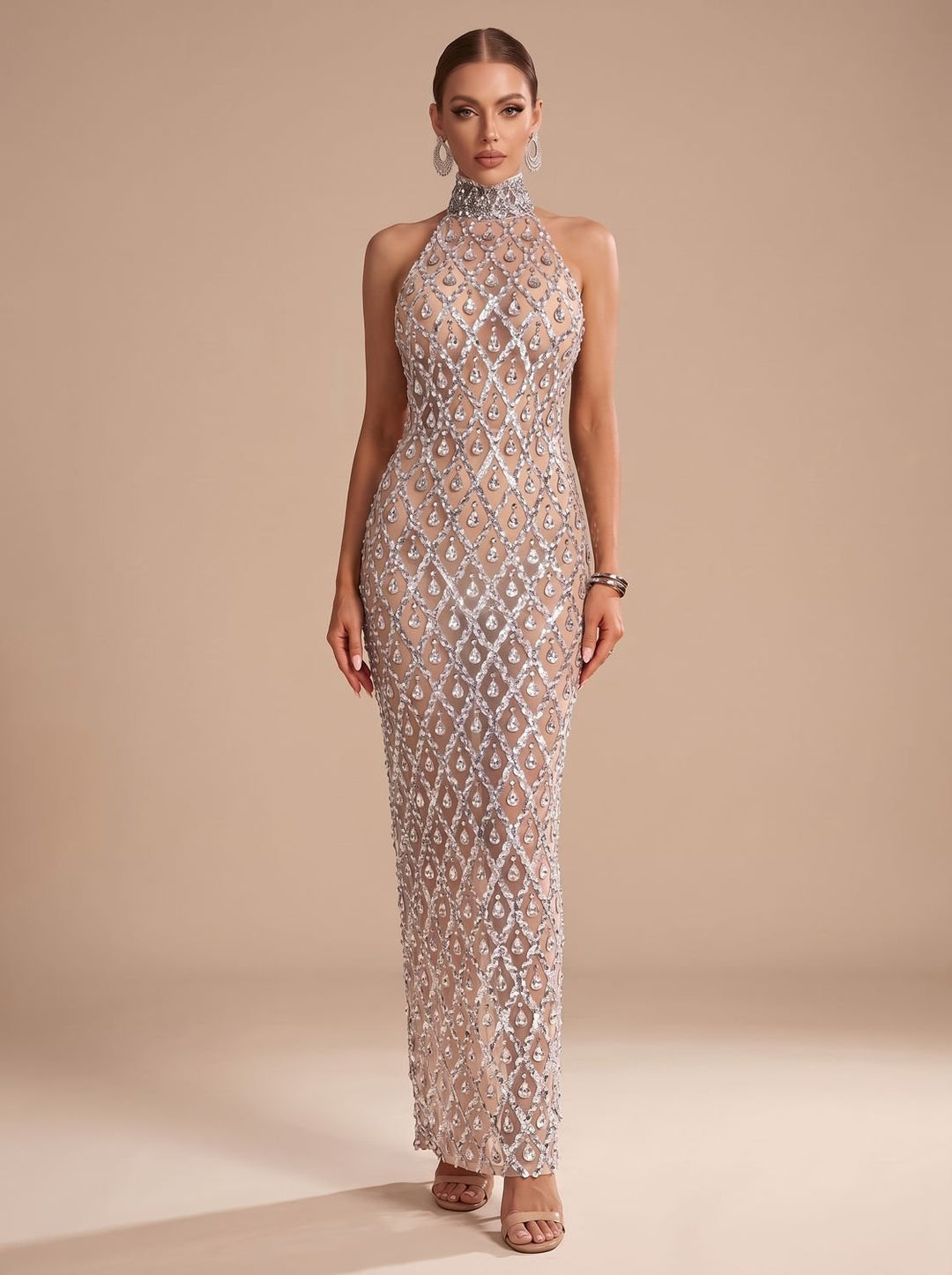 Dames Halter Pailletten Maxi Feestjurk Kerst Oud-en-Nieuw