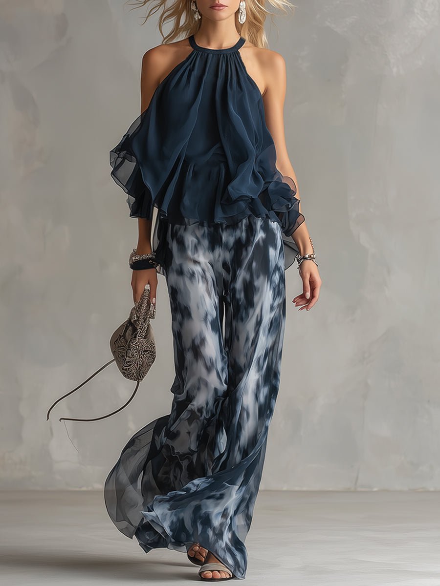 Dames Halter Wijde Pijpen Twee Delige Set - Navy Blue