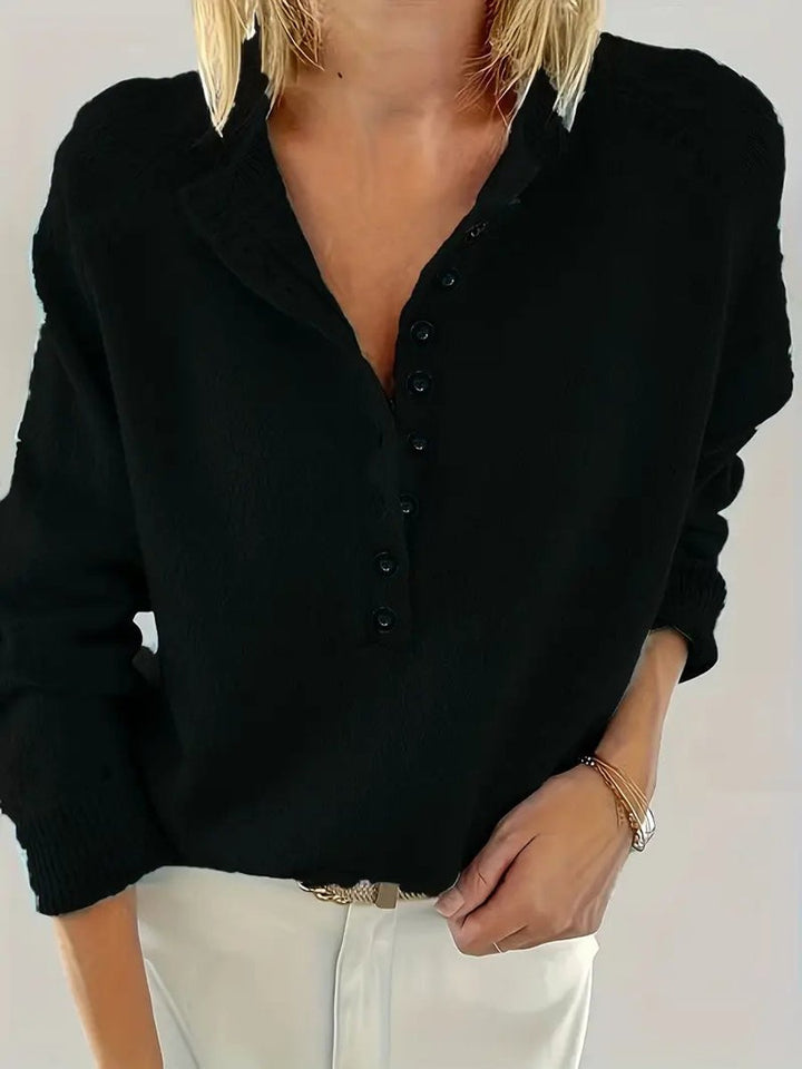 Dames Halve Knoopsluiting V-hals Knit Sweater Pullover - Zwart