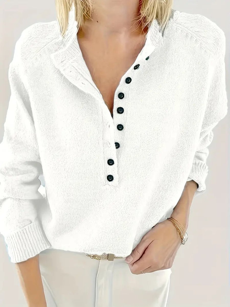 Dames Halve Knoopsluiting V-hals Knit Sweater Pullover - Wit