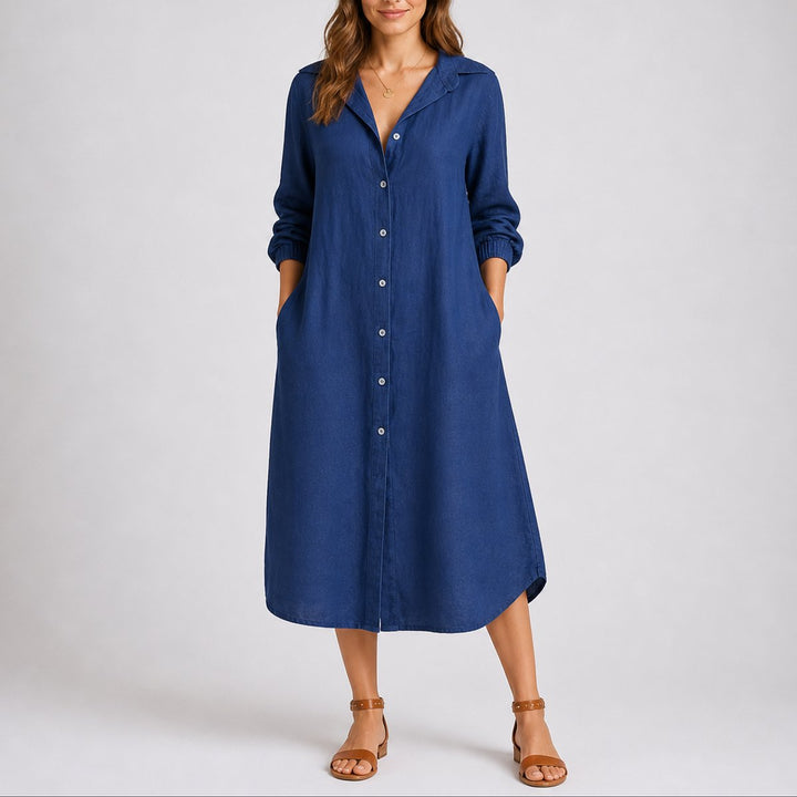 Dames Herfst Bruiloft Gast Blousejurk Lange Mouw Maxi - Blauw