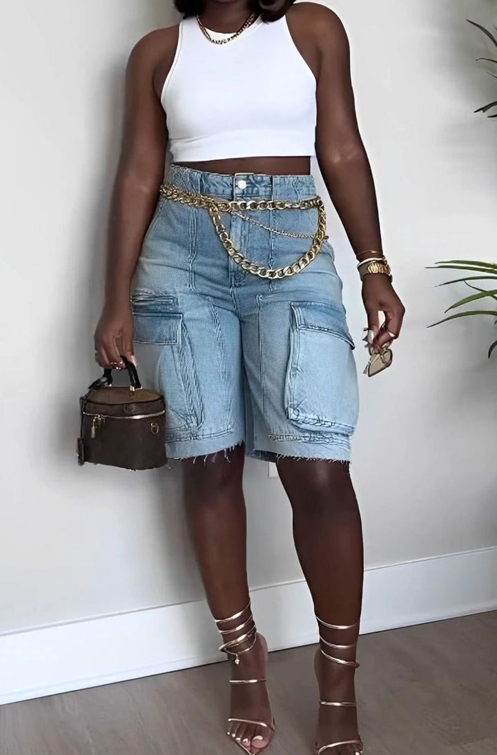 Dames High-Waist Denim Cargo Shorts met Zijzakken