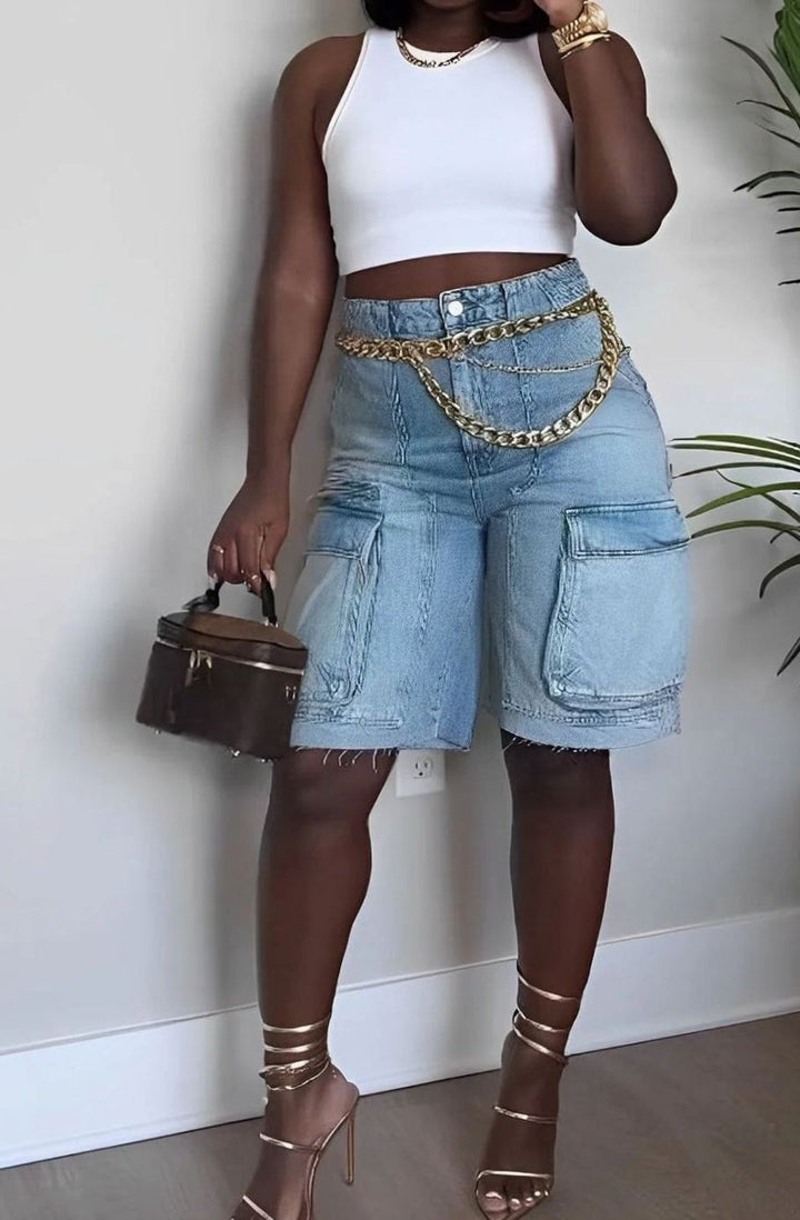 Dames High-Waist Denim Cargo Shorts met Zijzakken
