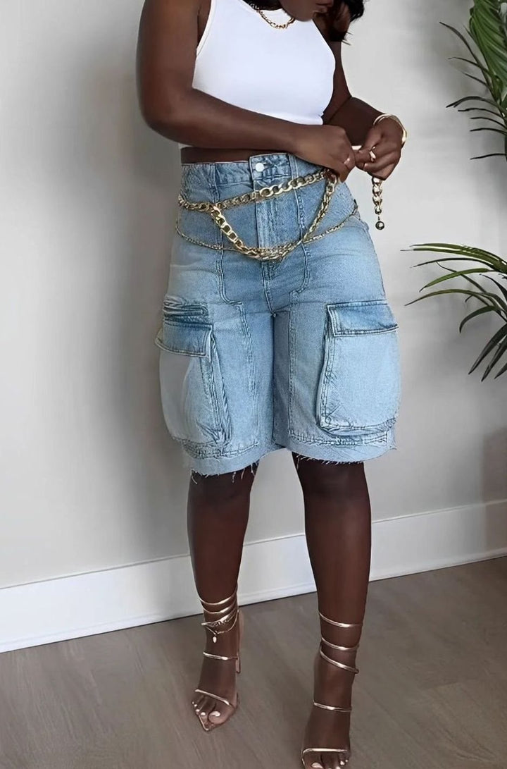 Dames High-Waist Denim Cargo Shorts met Zijzakken