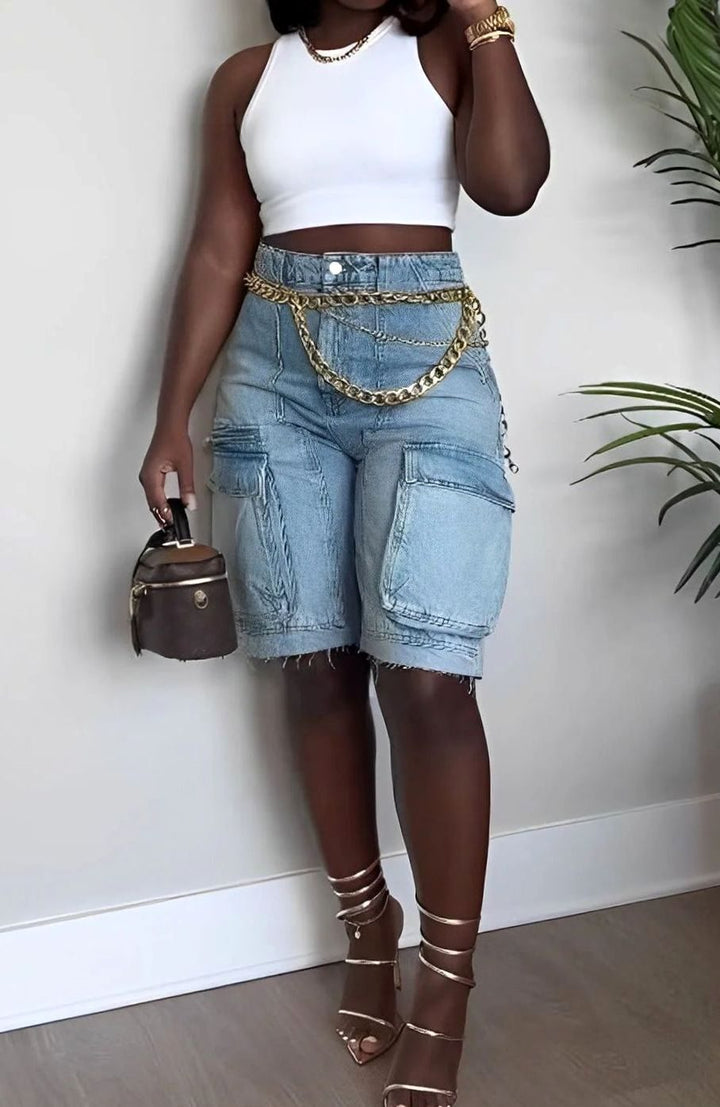 Dames High-Waist Denim Cargo Shorts met Zijzakken - Lichtblauw