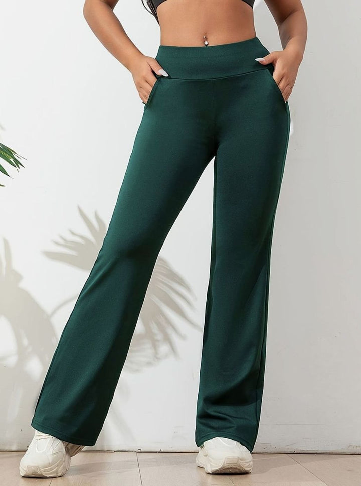 Dames High-Waist Flared Stretch Sportbroek met Zijzakken - Donkergroen
