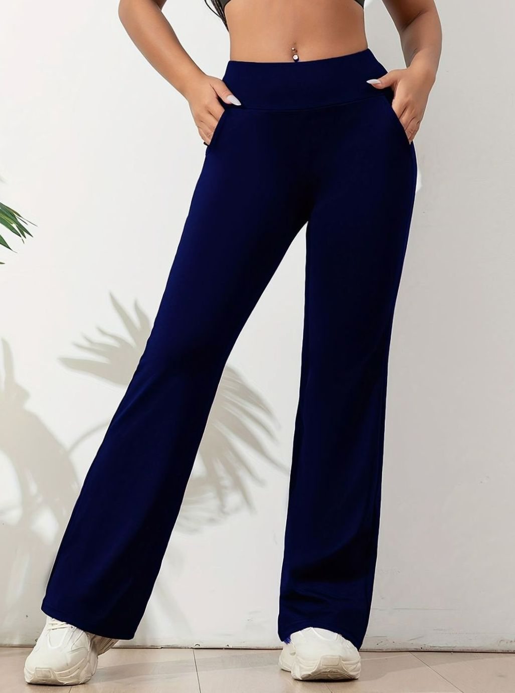 Dames High-Waist Flared Stretch Sportbroek met Zijzakken - Marineblauw