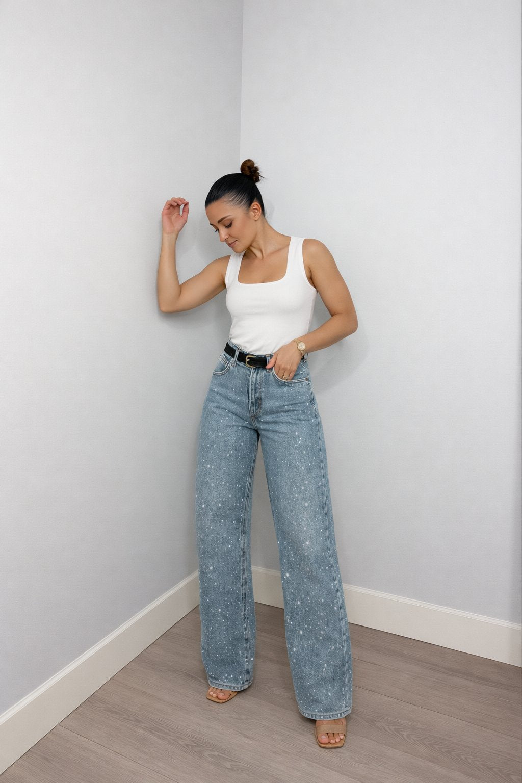 Dames High-Waist Rechte Glitter Jeans