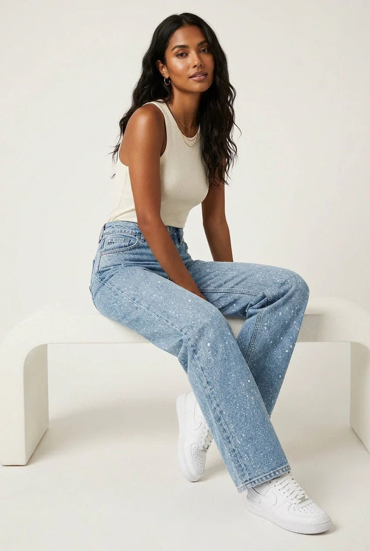 Dames High-Waist Rechte Glitter Jeans - Blau