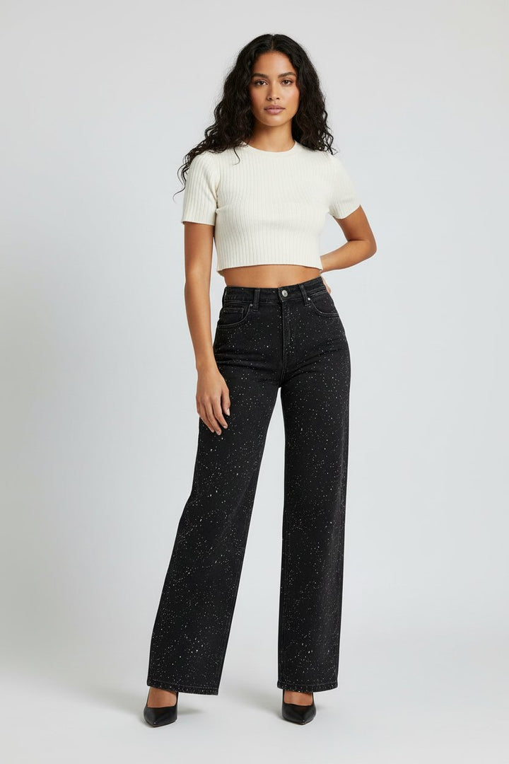 Dames High-Waist Rechte Glitter Jeans - Schwarz