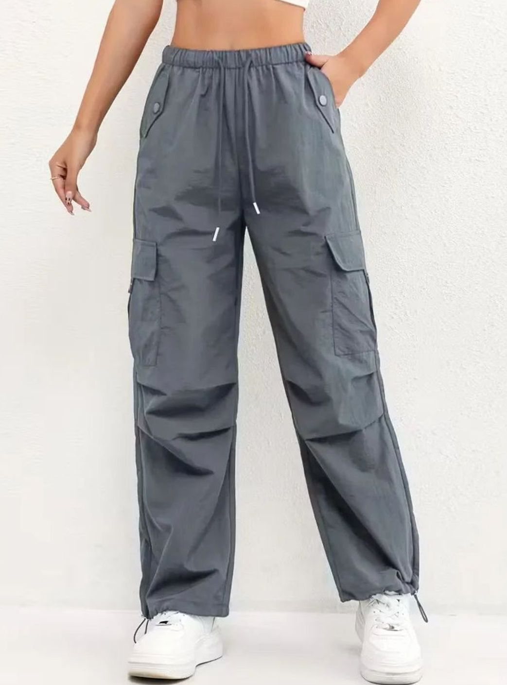 Dames Highwaist Straight-Leg Cargobroek met Elastische Taille - Grijs