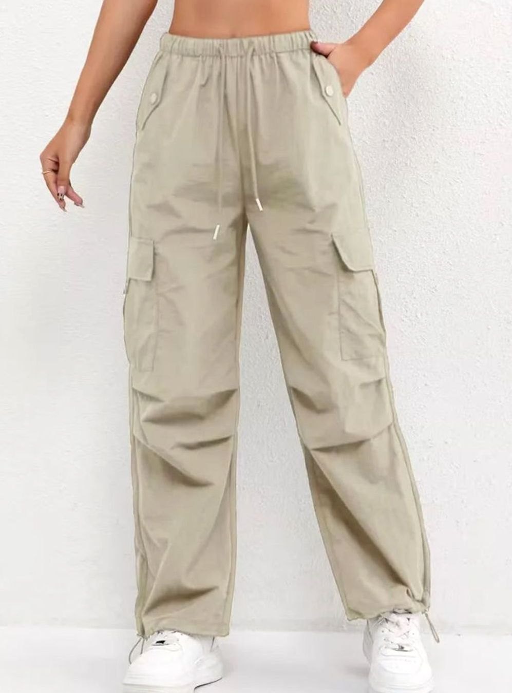Dames Highwaist Straight-Leg Cargobroek met Elastische Taille - Beige
