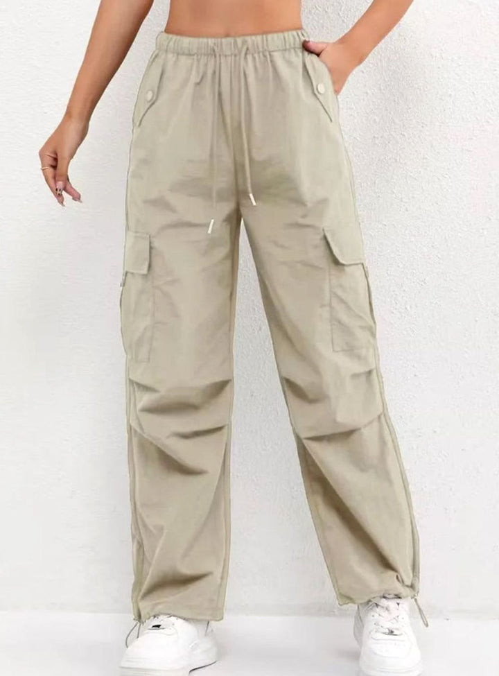 Dames Highwaist Straight-Leg Cargobroek met Elastische Taille - Beige