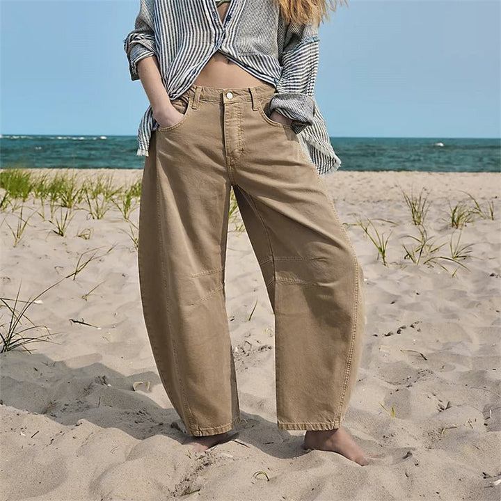 Dames Hoge Taille Barrel Leg Relaxed-Fit Jeans - Beige