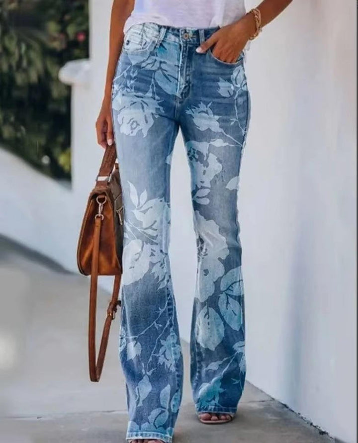 Dames Hoge Taille Bloemenprint Wijde Jeans - Blue 5