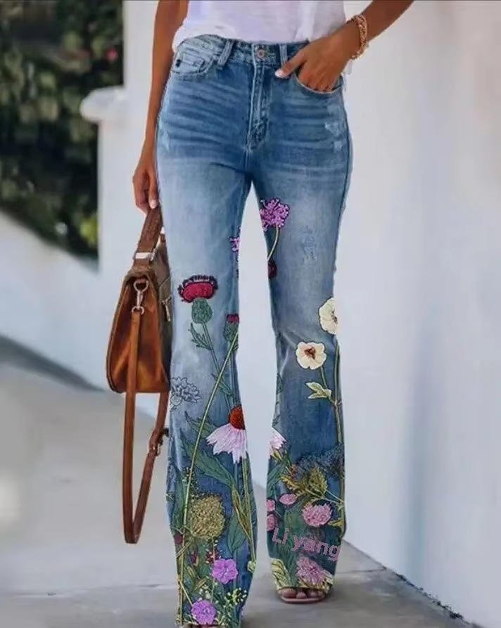 Dames Hoge Taille Bloemenprint Wijde Jeans - Blue 6