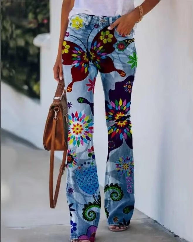 Dames Hoge Taille Bloemenprint Wijde Jeans - Blue 8