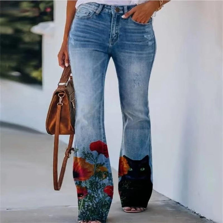 Dames Hoge Taille Bloemenprint Wijde Jeans - Blue 9
