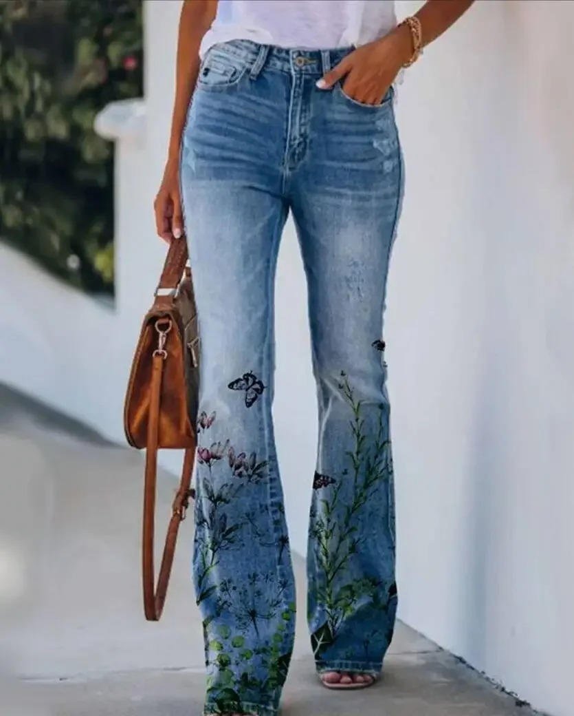 Dames Hoge Taille Bloemenprint Wijde Jeans - Blue 1