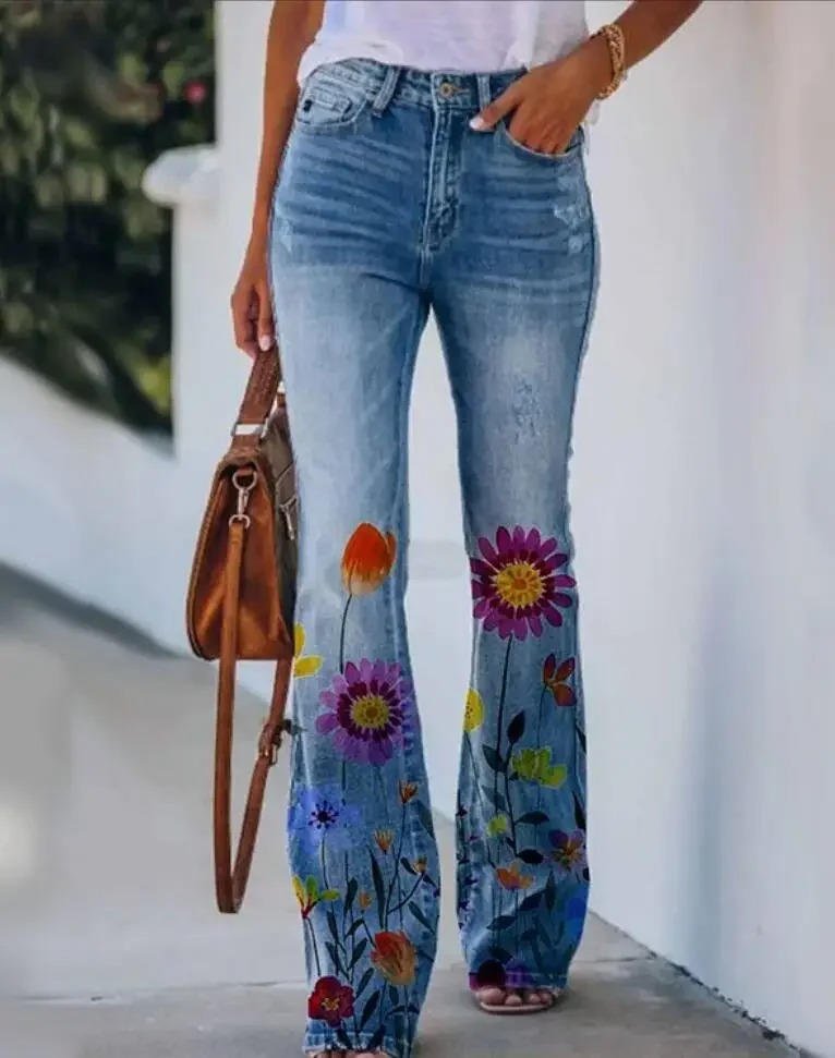 Dames Hoge Taille Bloemenprint Wijde Jeans - Blue 2