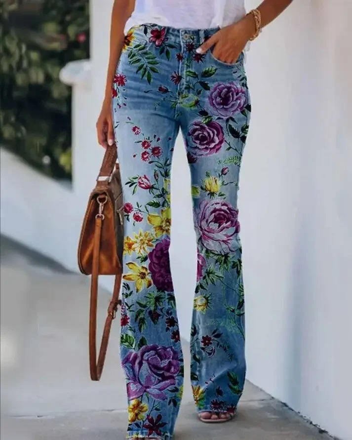 Dames Hoge Taille Bloemenprint Wijde Jeans - Blue 3