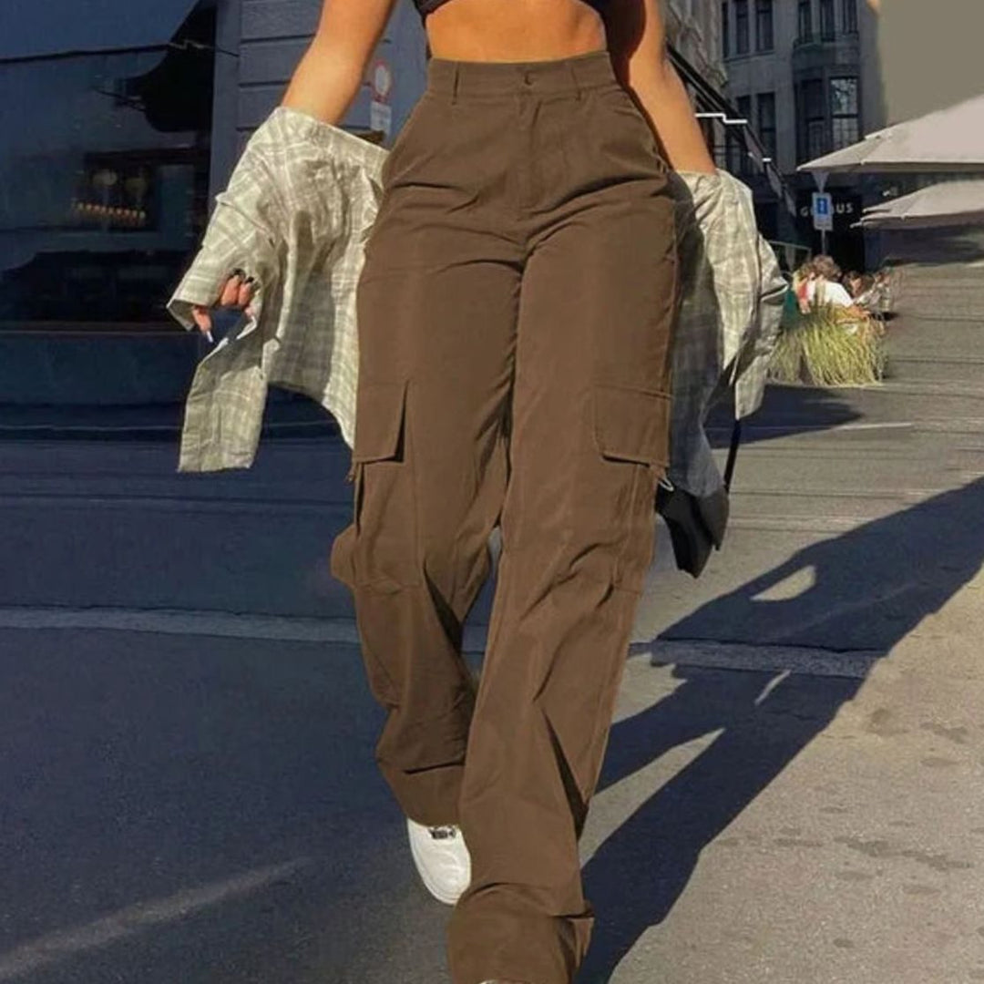 Dames Hoge Taille Cargo Broek Rechte Pijp Cargozakken - Bruin