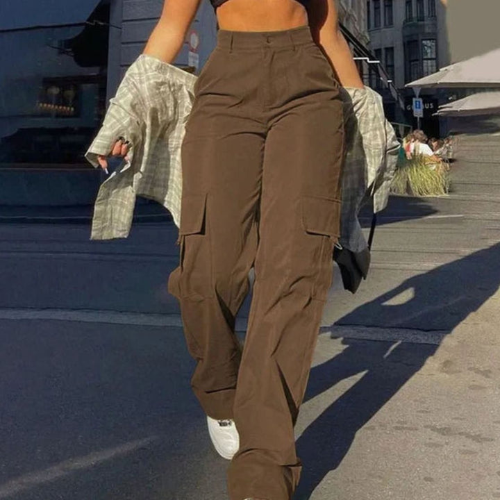 Dames Hoge Taille Cargo Broek Rechte Pijp Cargozakken - Bruin