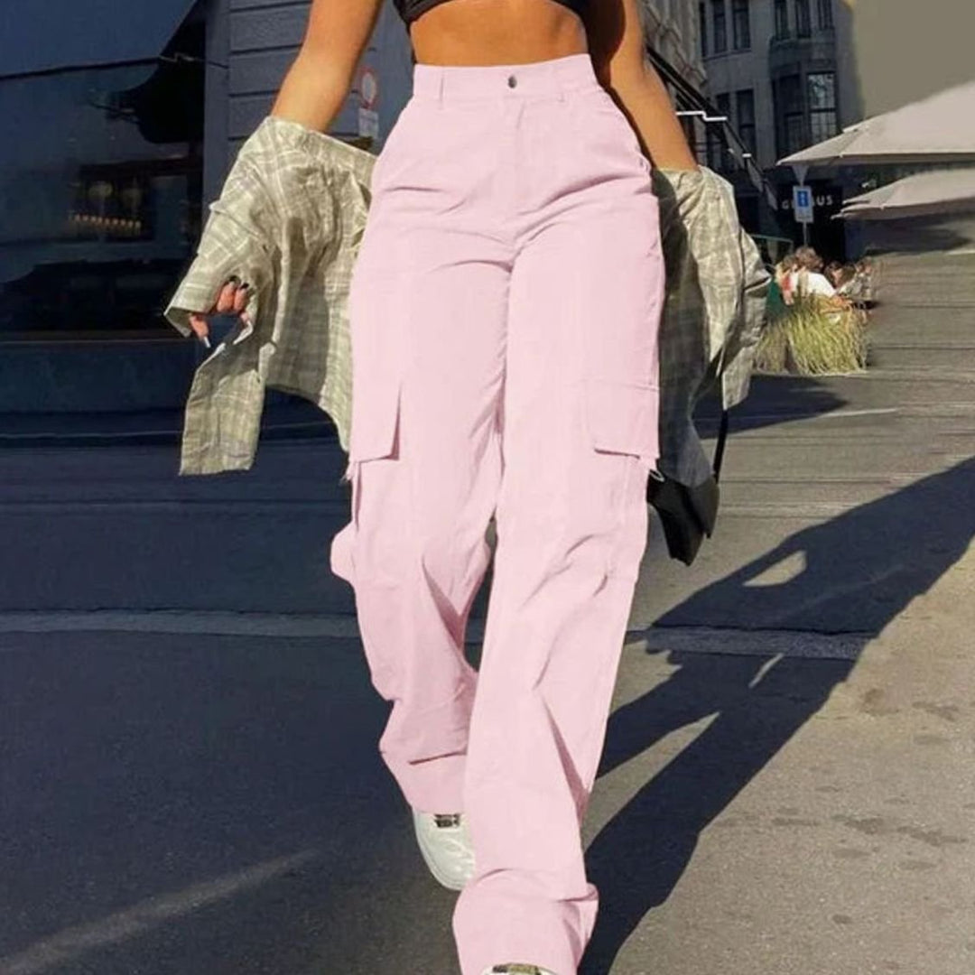 Dames Hoge Taille Cargo Broek Rechte Pijp Cargozakken - Roze