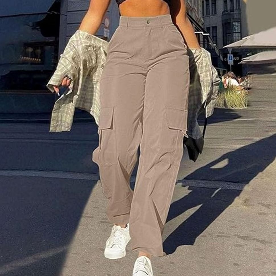 Dames Hoge Taille Cargo Broek Rechte Pijp Cargozakken - Khaki