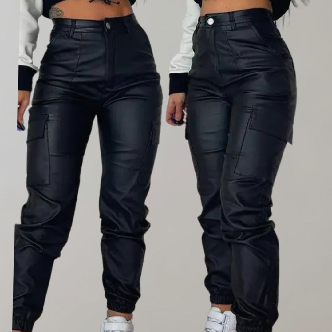 Dames Hoge Taille Faux Leather Cargo Joggerbroek met Cargozakken - Zwart