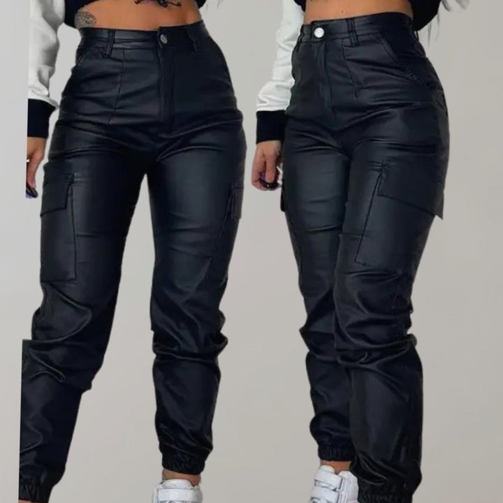 Dames Hoge Taille Faux Leather Cargo Joggerbroek met Cargozakken - Zwart