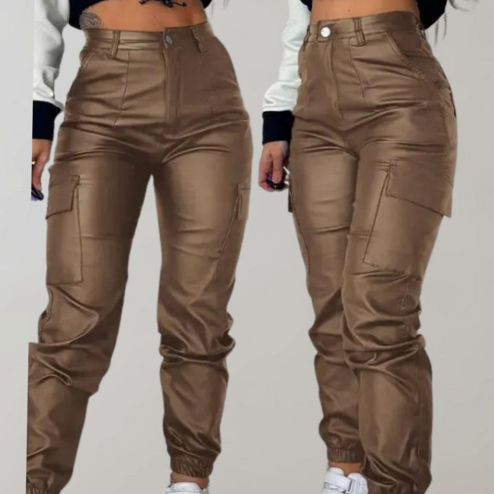 Dames Hoge Taille Faux Leather Cargo Joggerbroek met Cargozakken - Bruin