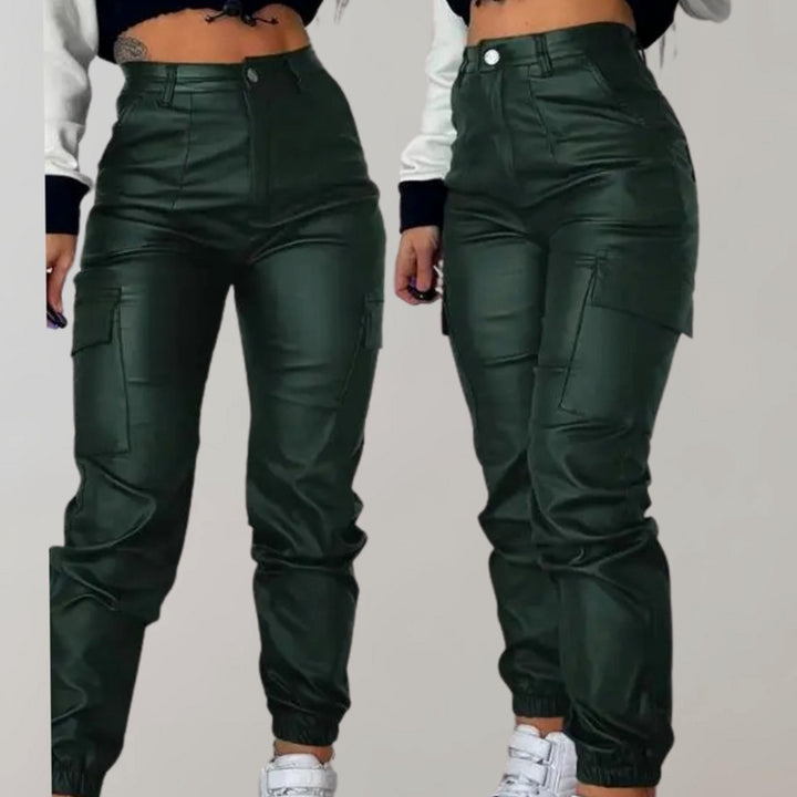 Dames Hoge Taille Faux Leather Cargo Joggerbroek met Cargozakken - Groen