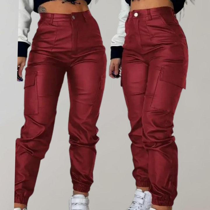 Dames Hoge Taille Faux Leather Cargo Joggerbroek met Cargozakken - Wijn Rood