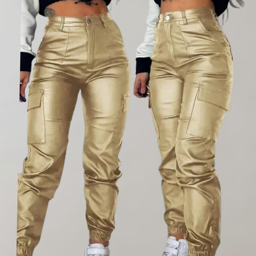 Dames Hoge Taille Faux Leather Cargo Joggerbroek met Cargozakken - Geel