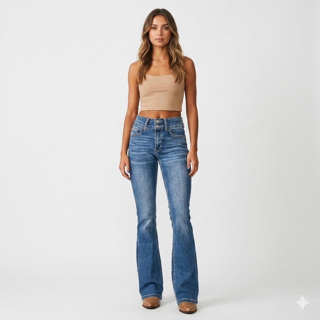 Dames Hoge Taille Flared Jeans Sculpted Fit Volledige Lengte - Blue