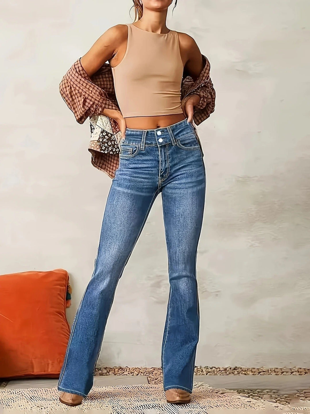 Dames Hoge Taille Flared Jeans Sculpted Fit Volledige Lengte