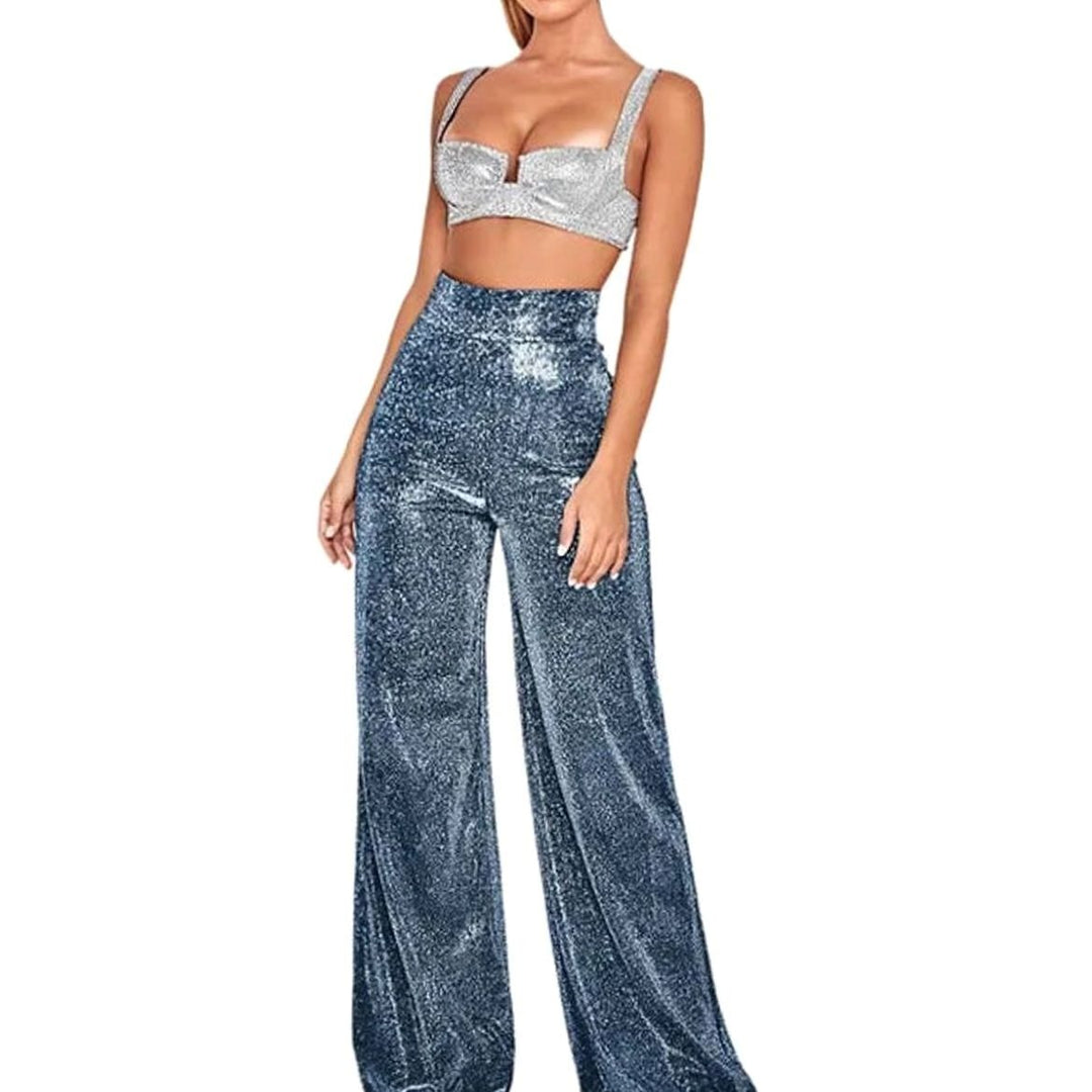 Dames Hoge Taille Glitter Wijdbeenbroek Pailletten - Marineblauw