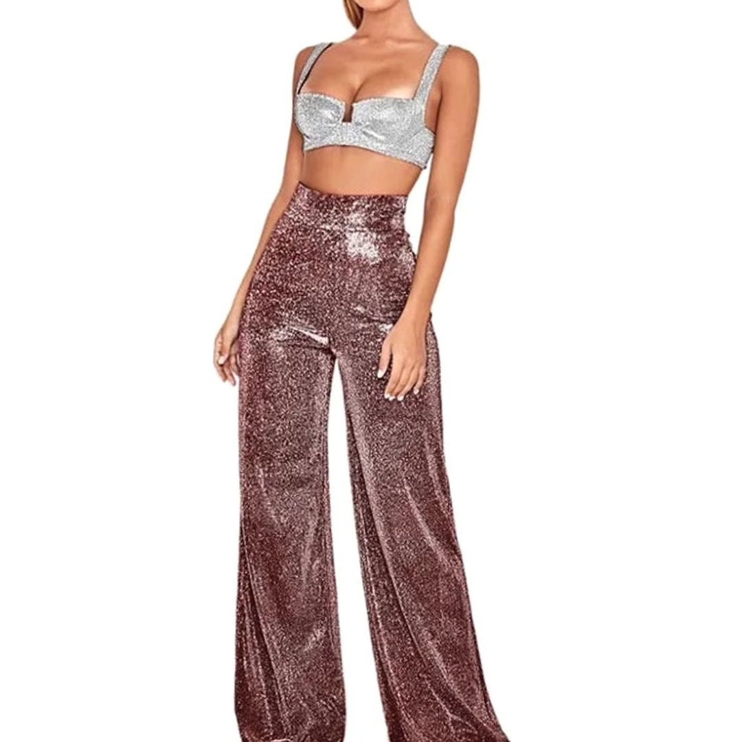 Dames Hoge Taille Glitter Wijdbeenbroek Pailletten - Wijnrood